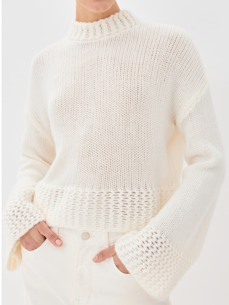 Sablyn Phoenix Bell Sleeve Cashmere Crewneck Pullover Gardenia Ivory Off White